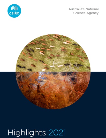 Cover of the 2021 Year in Review report showing a split image in a circle with cattle (top picture) and seaweed Asparagopsis (bottom picture). CSIRO logo in the top left and the words 'Australia's National Science Agency' in the top right corner and the title 'Highlights 2021' at the bottom of the report cover. 